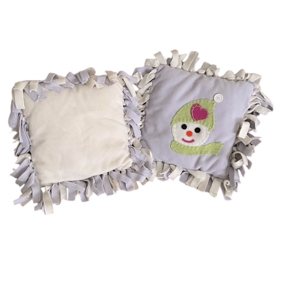 Hand Crafted Holiday Accent Pillows Fringed Fleece Covered with Snowman Patch - Picture 2 of 5